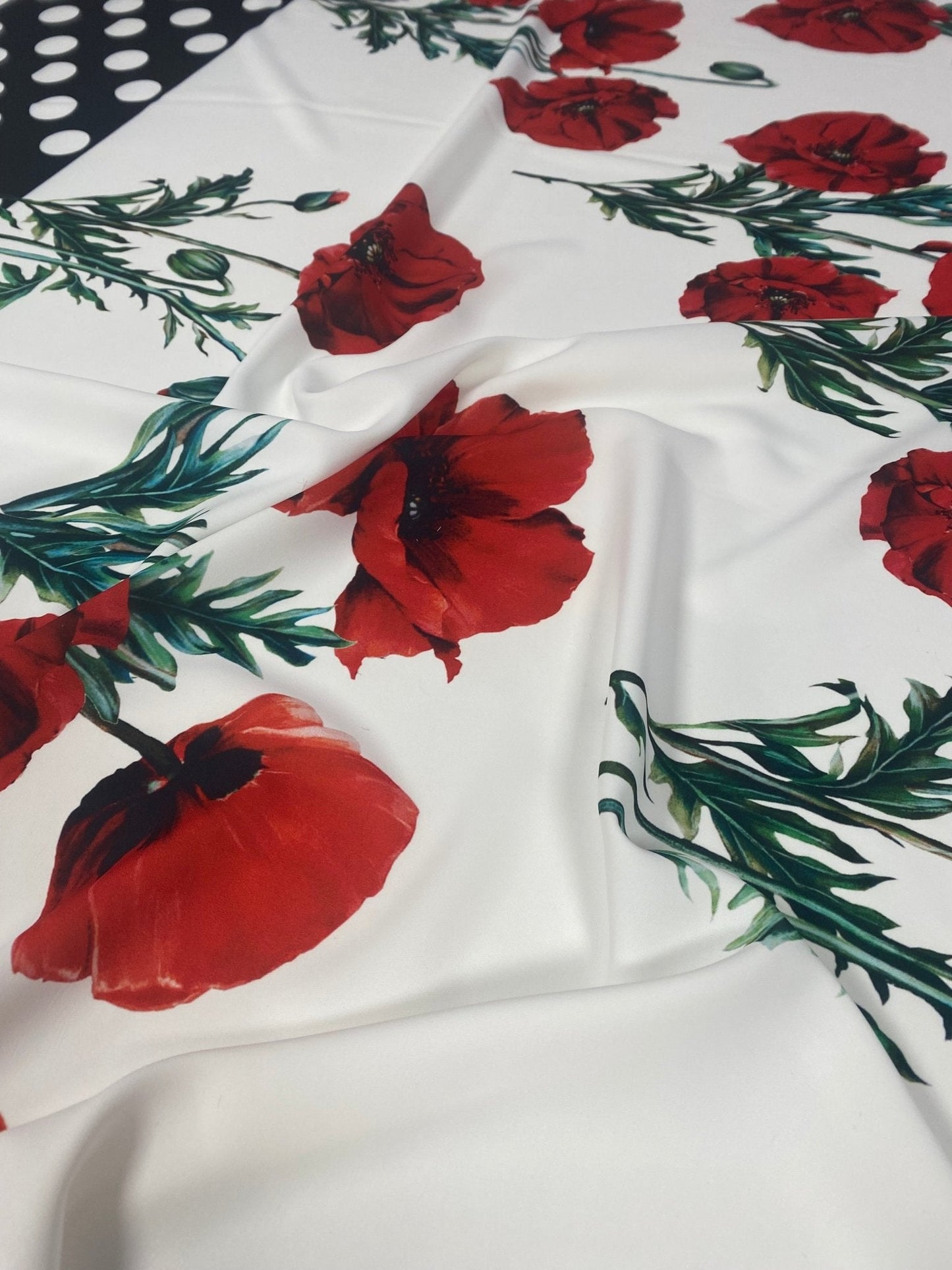 Red Poppy Floral Fabric With Polka Dot Border