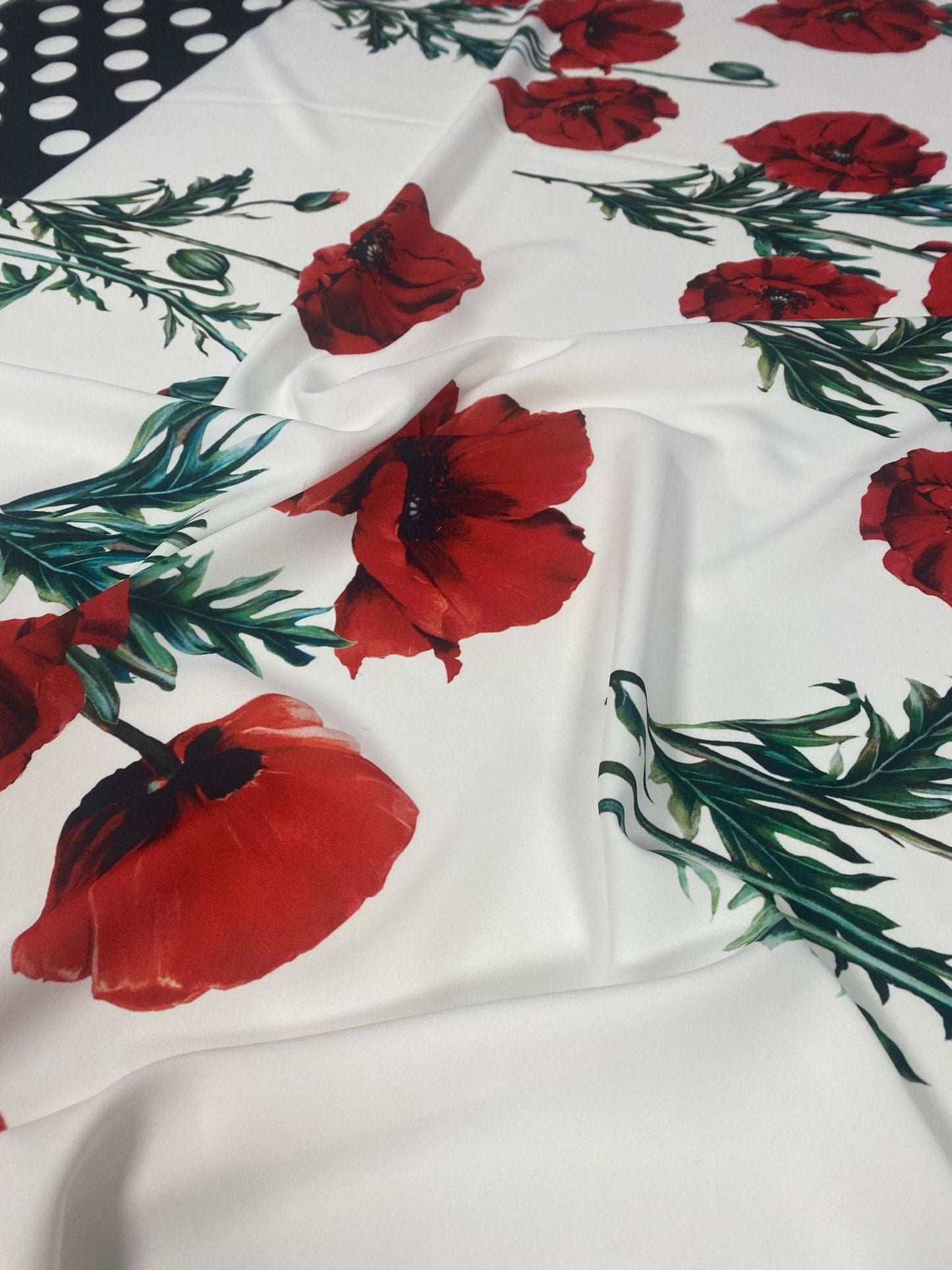 Red Poppy Floral Fabric With Polka Dot Border – Custom Printed Fabric, Choose Material by Metre
