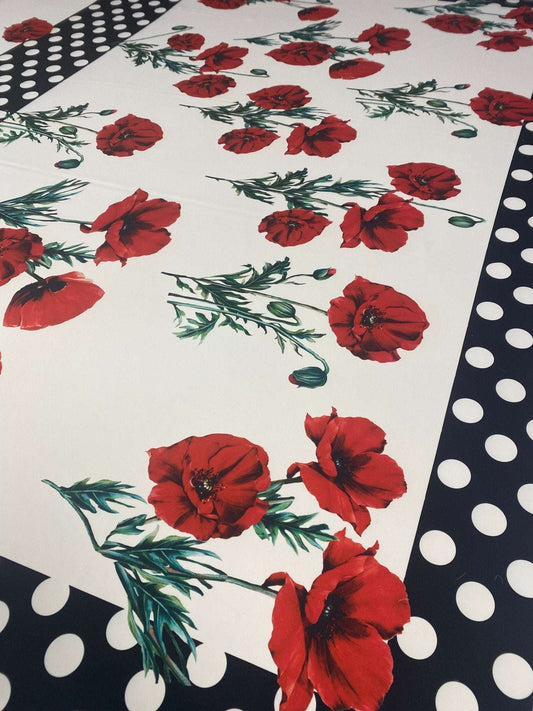 Red Poppy Floral Fabric With Polka Dot Border – Custom Printed Fabric, Choose Material by Metre