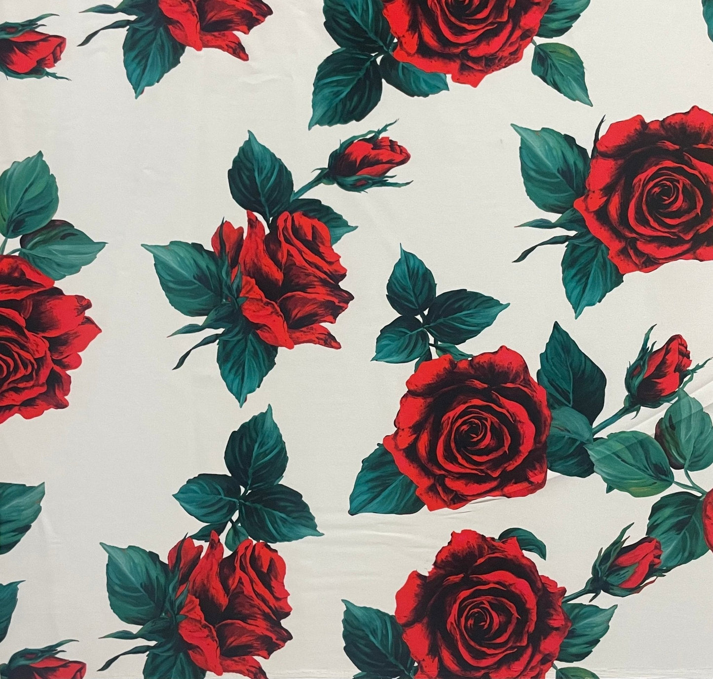 Red Rose Floral Fabric – Romantic Vintage Print by the Metre