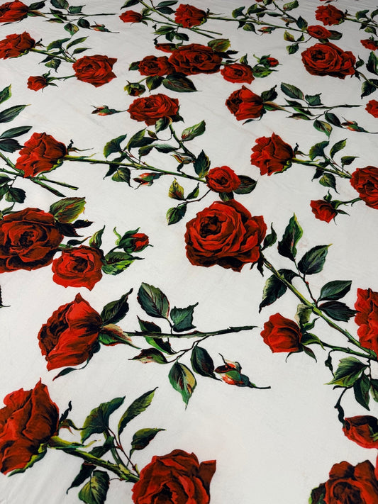 Red Rose Floral on White Organic Cotton Poplin Fabric by the Metre