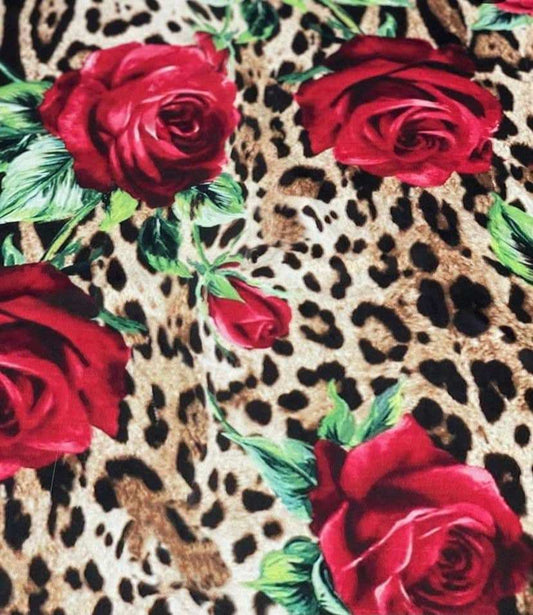 Leopard and Red Rose Pattern Fabric – Multiple Fabric Options, Sold by Metre