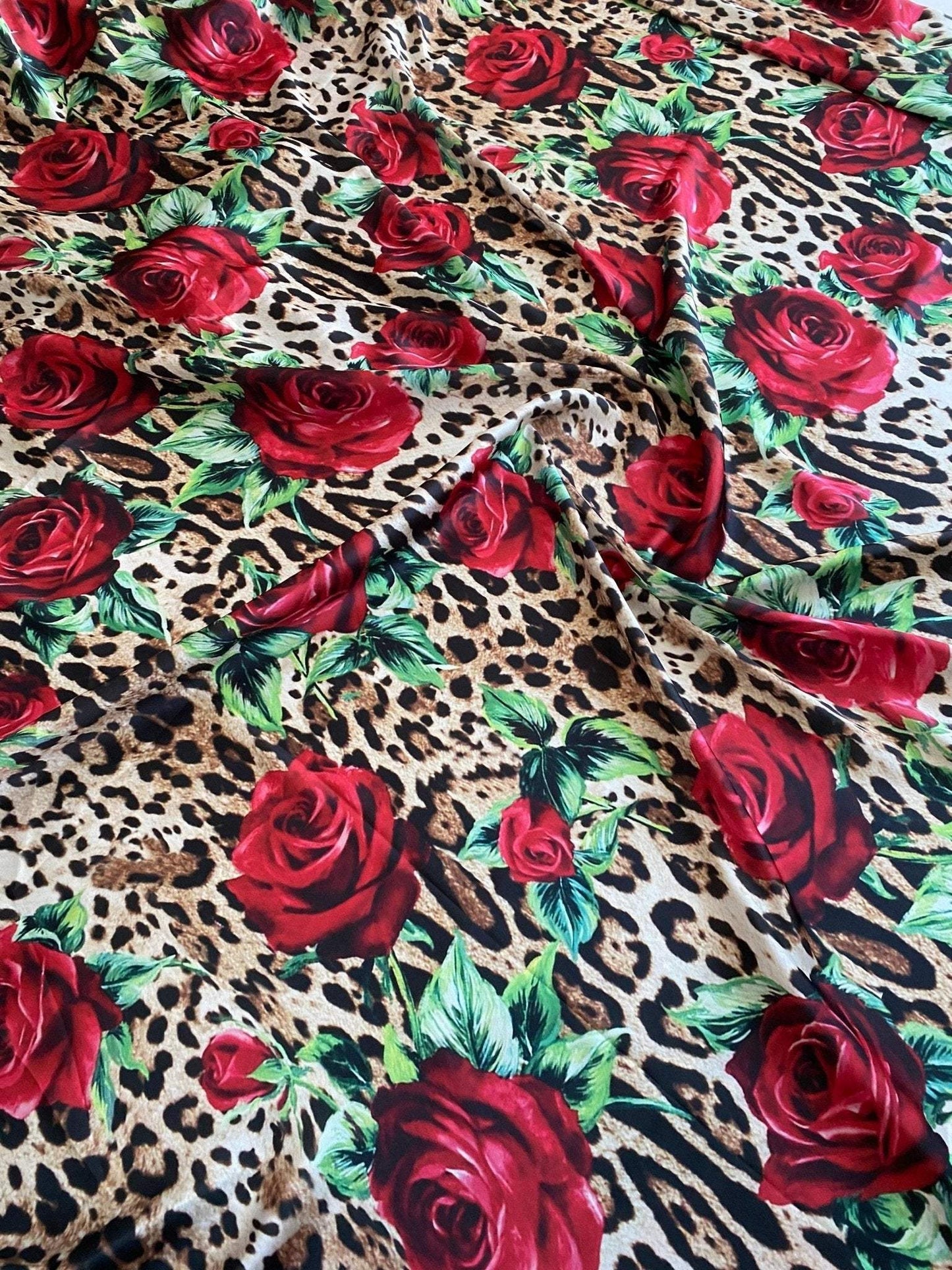 Leopard and Red Rose Pattern Fabric – Multiple Fabric Options, Sold by Metre