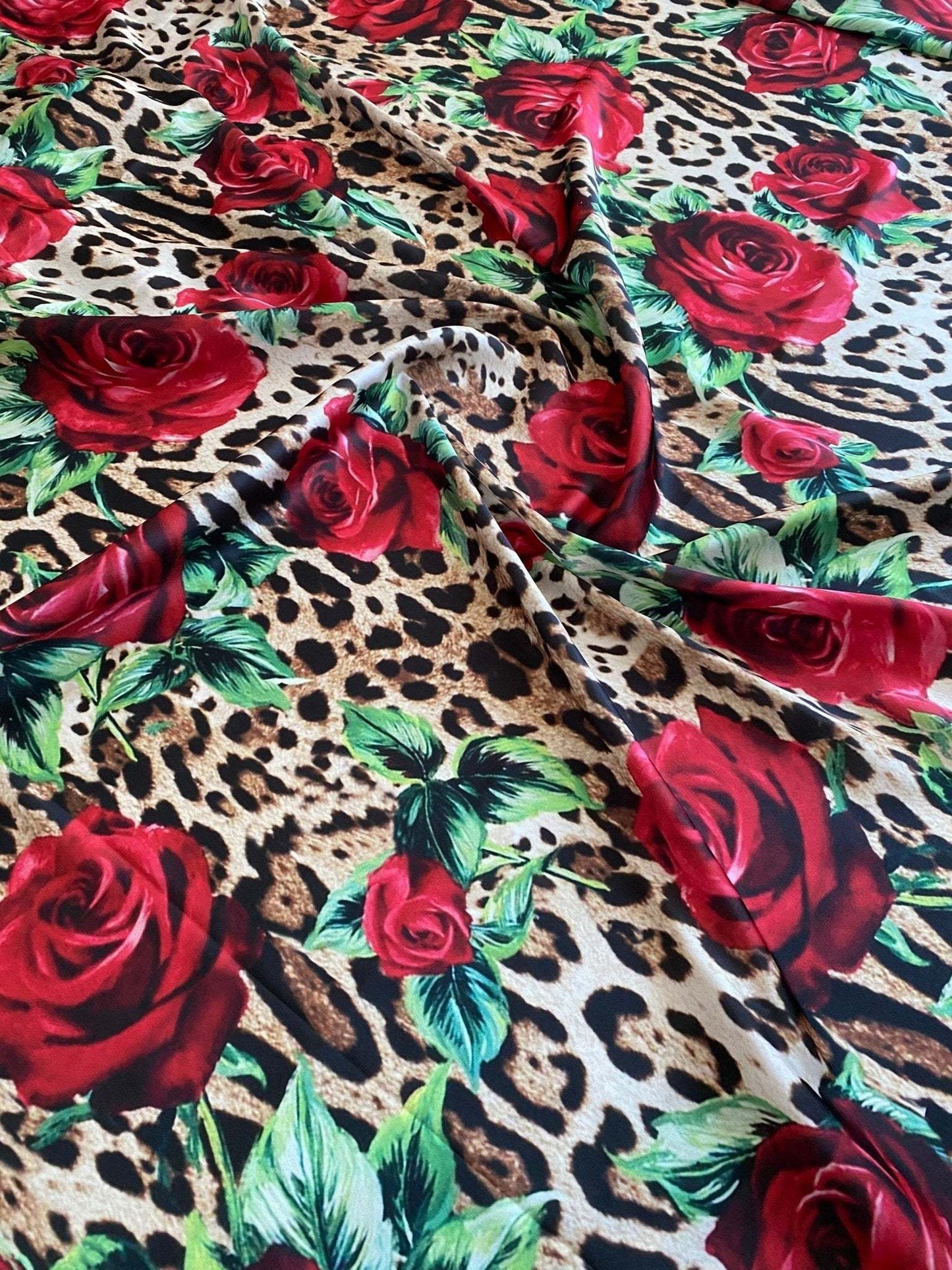 Leopard and Red Rose Pattern Fabric – Multiple Fabric Options, Sold by Metre