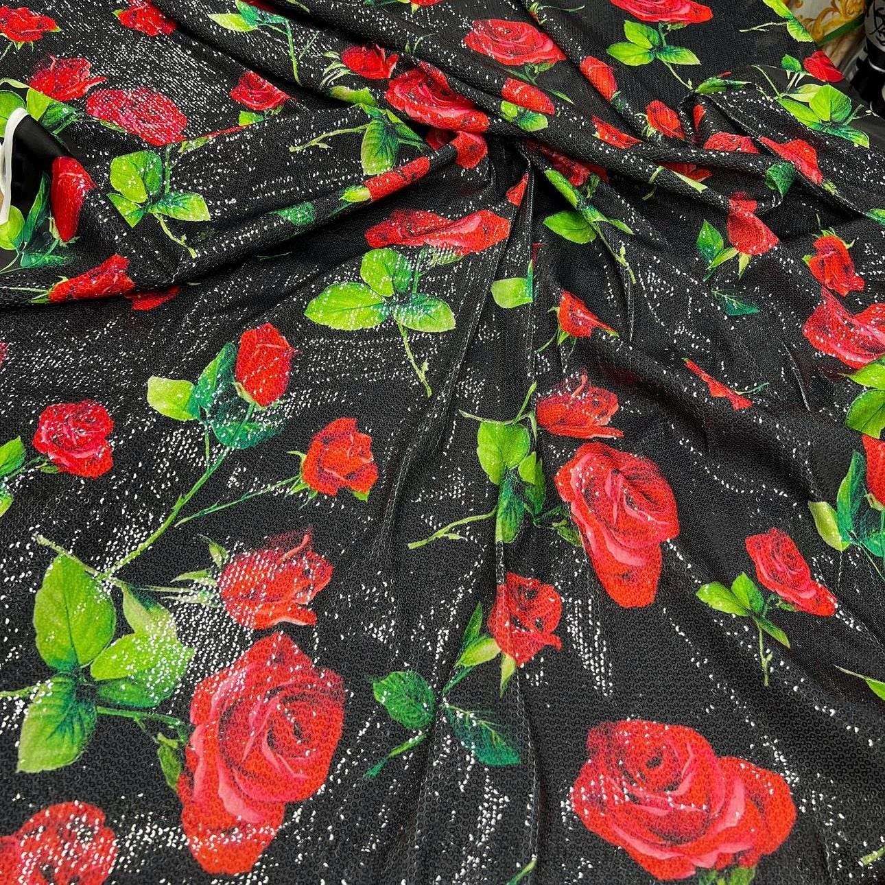 Red Rose Pattern Sequin Fabric, 2-way stretch Sequin Fabric, Fabric by the yard