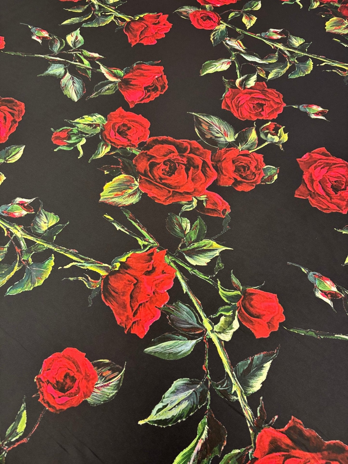 Red Rose Print Satin Fabric by the Metre – Elegant Dressmaking