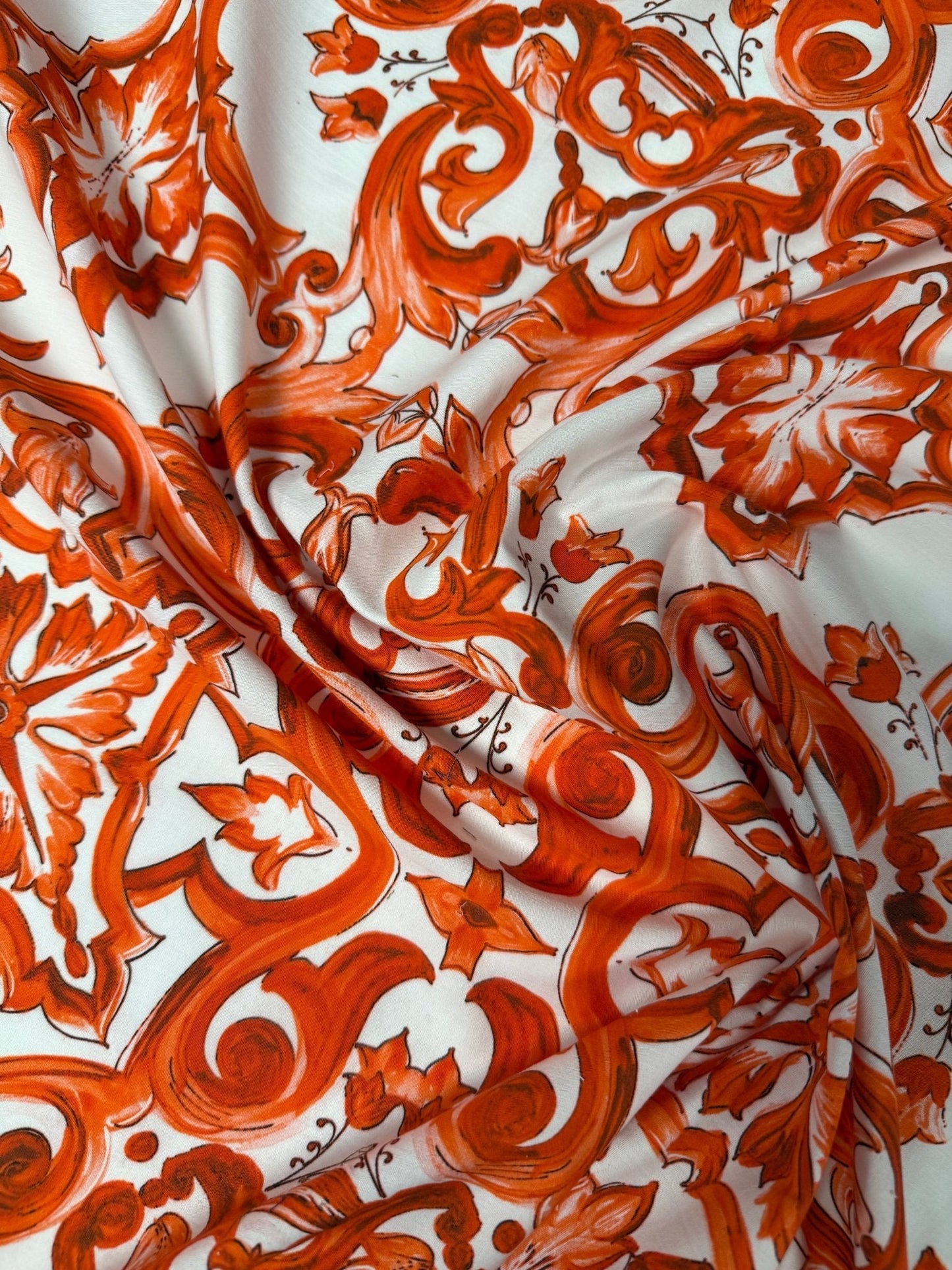 Red Sicilian Majolica Organic Cotton Poplin Fabric by the Metre