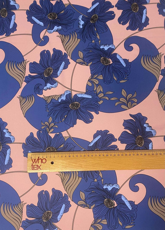 Retro Style Blue Floral on Peach Background Fabric – Available in Satin, Crepe, Spandex & Chiffon | By Metre