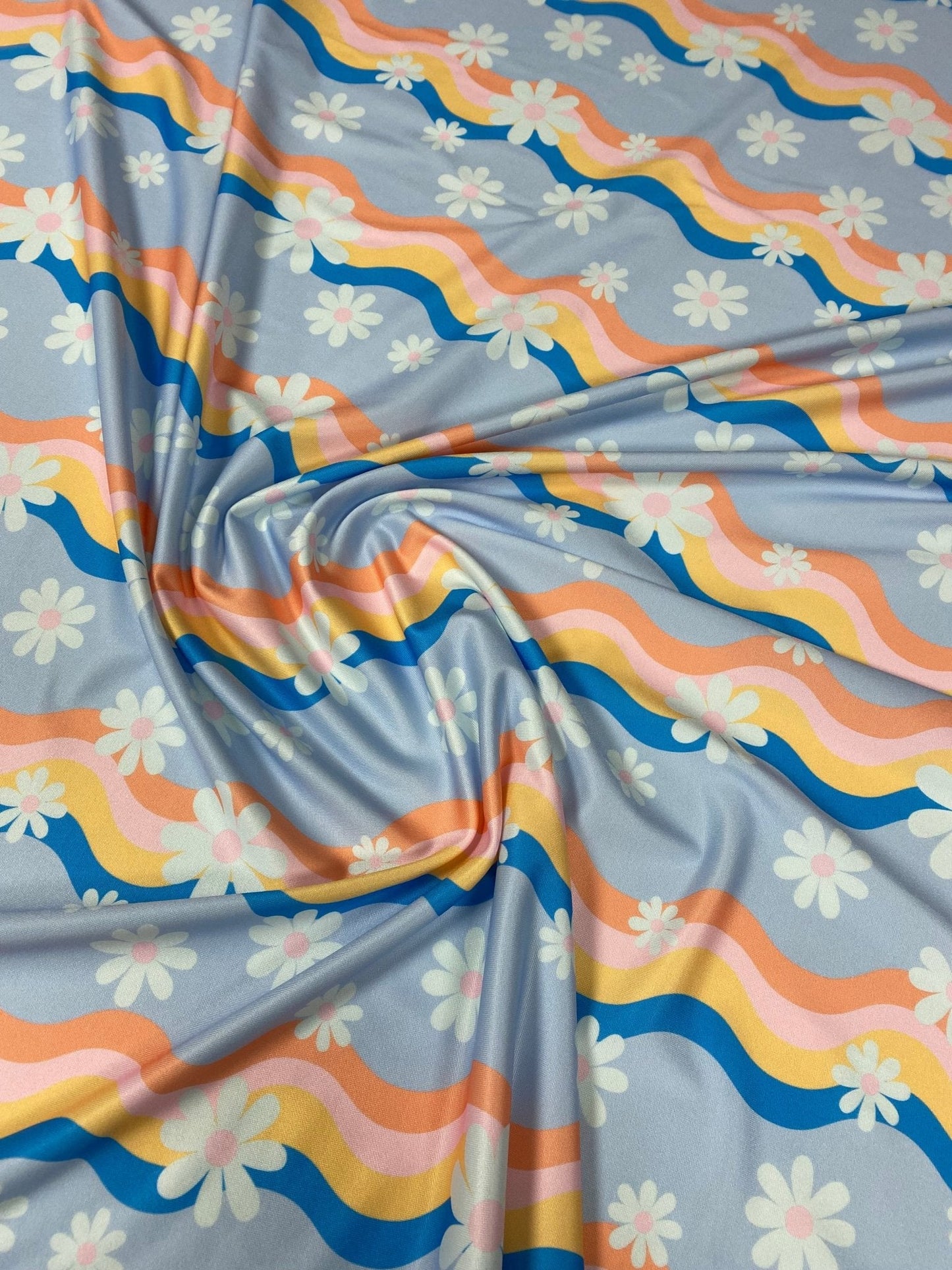 Retro Wave Daisy Print Fabric – Floral Pattern by Metre