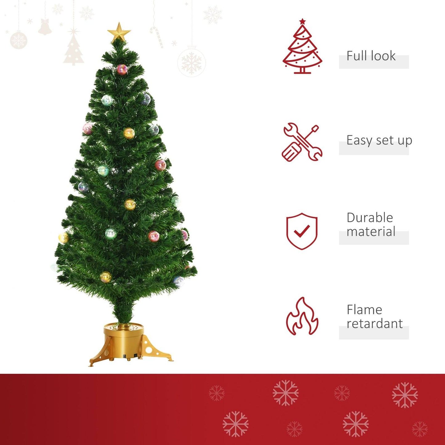Homcom 5FT Prelit Artificial Christmas Tree Fiber Optic Holiday Home Xmas Indoor Decoration with Golden Stand Green
