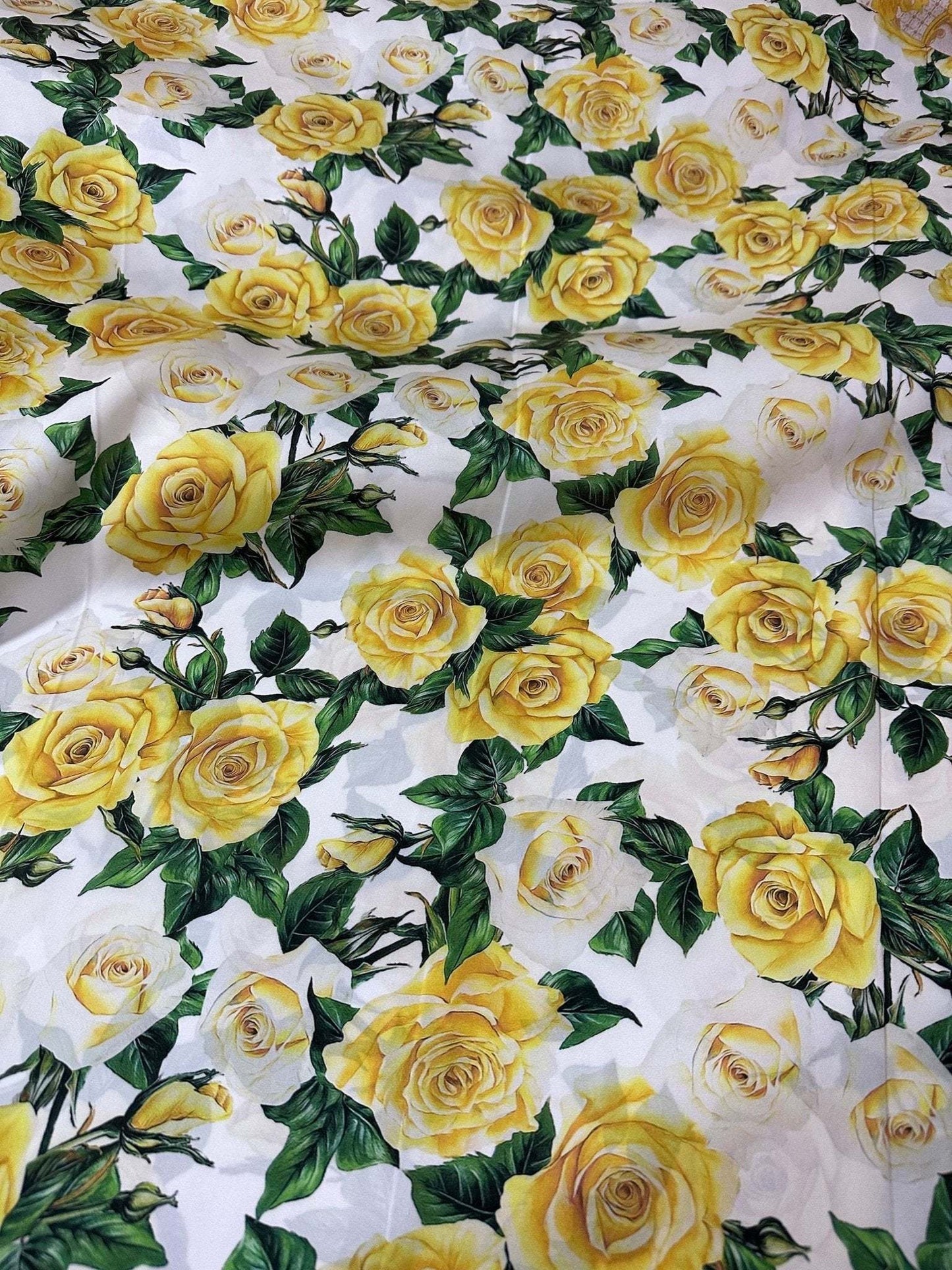 Yellow Floral Rose Pattern Fabric – Custom Printed Fabric, Choose Material by Metre