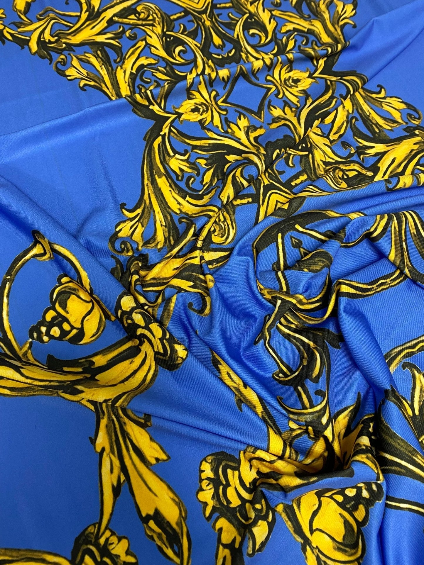 Royal Blue Baroque Pattern Fabric – Custom Printed Fabric on Satin, Crepe, Spandex or Chiffon