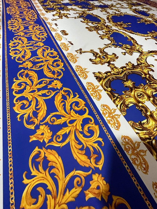 Royal Blue Baroque Pattern Fabric – Custom Printed Fabric, Choose Material by Metre