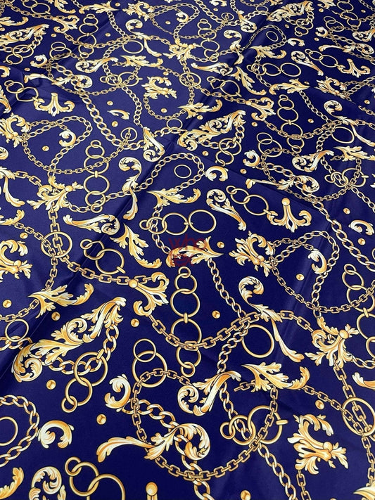 Royal Blue Fabric with Gold Chains & Baroque Scrolls – Custom Printed Fabric on Satin, Crepe, Spandex or Chiffon
