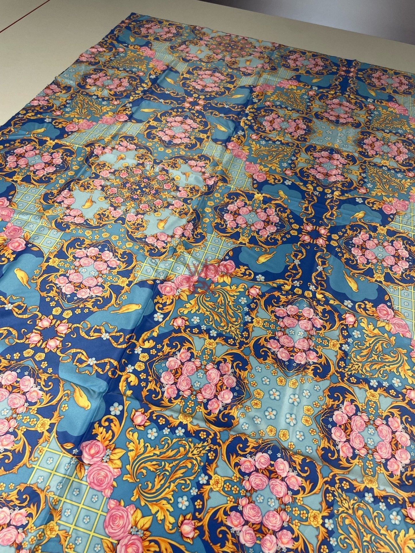 Royal Blue Ornate Fabric with Roses, Birds, and Gold Scrolls