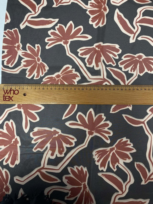 Rust Red Floral Print Fabric on Black Background – Custom Printed Fabric, Choose Material by Metre