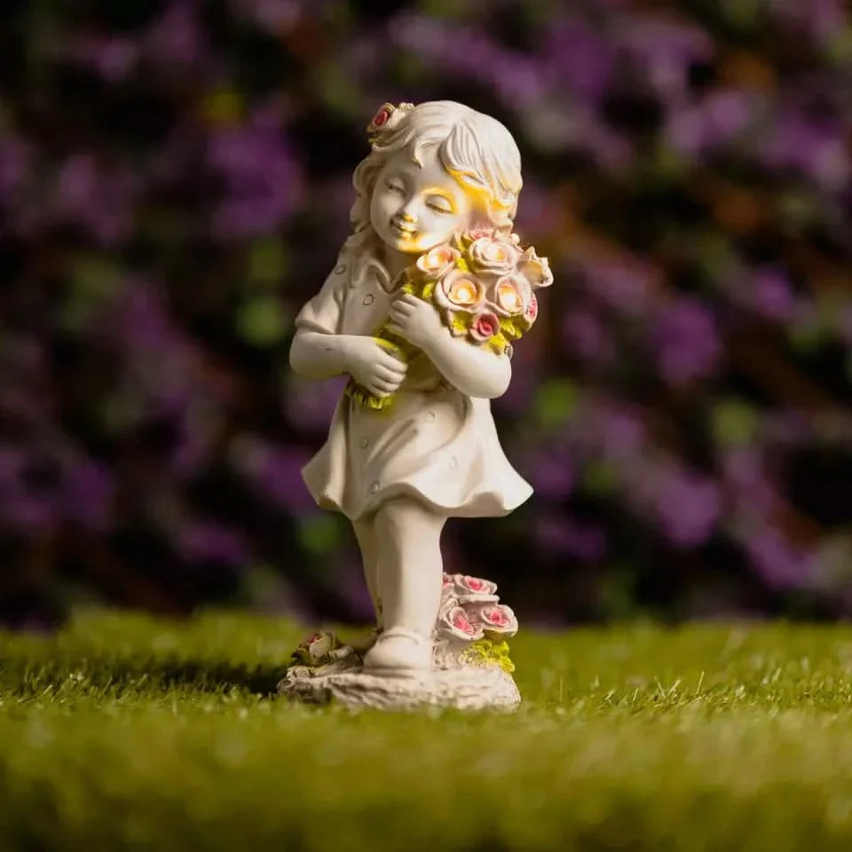 Solar Fairy Ornament Light Garden Decoration Stone Effect Girl Flowers Lighting