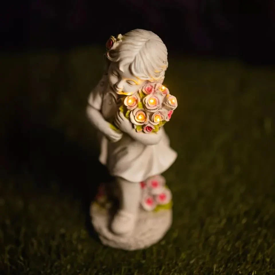 Solar Fairy Ornament Light Garden Decoration Stone Effect Girl Flowers Lighting