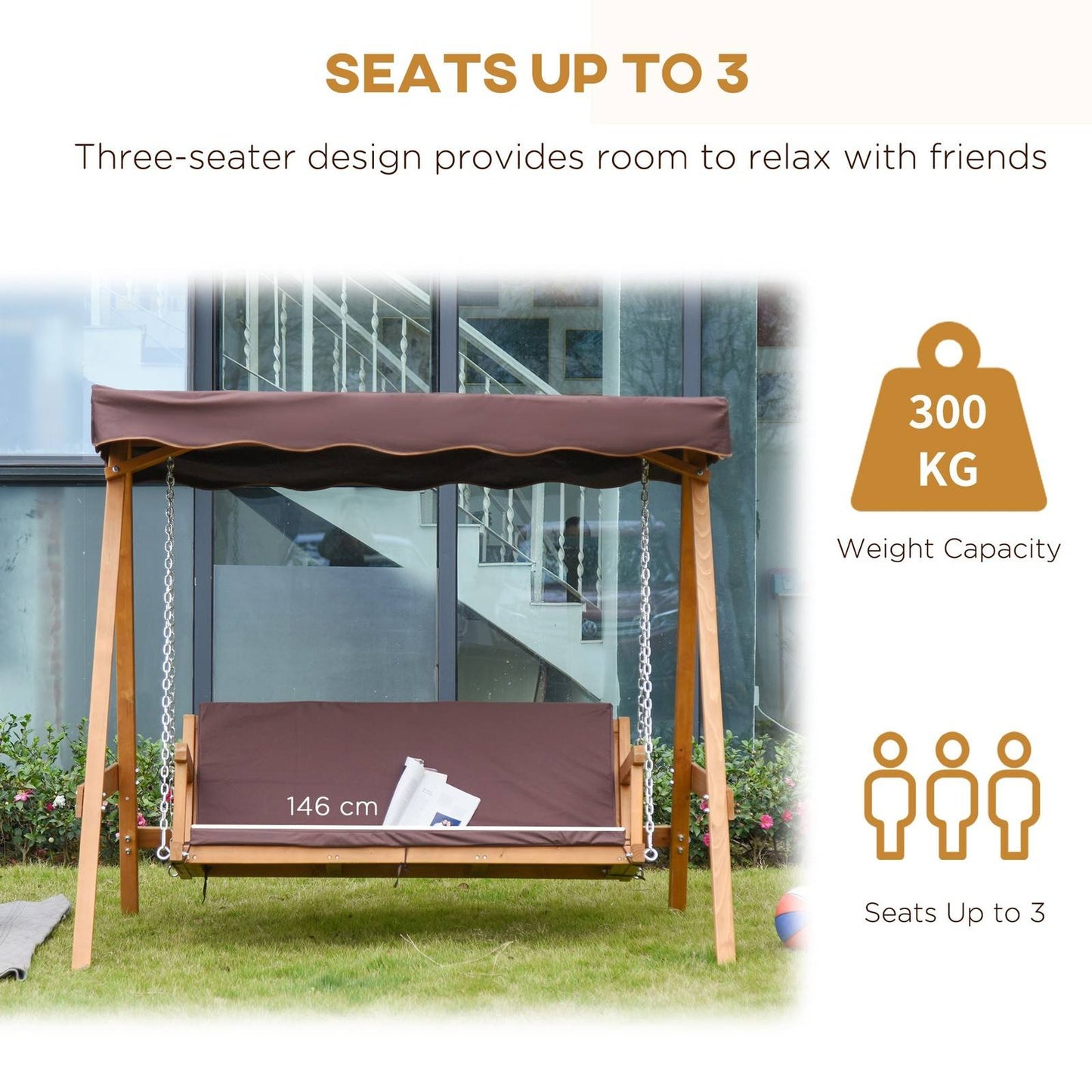 3 Seater Garden Swing Seat Outdoor Swing Chair with Adjustable Canopy