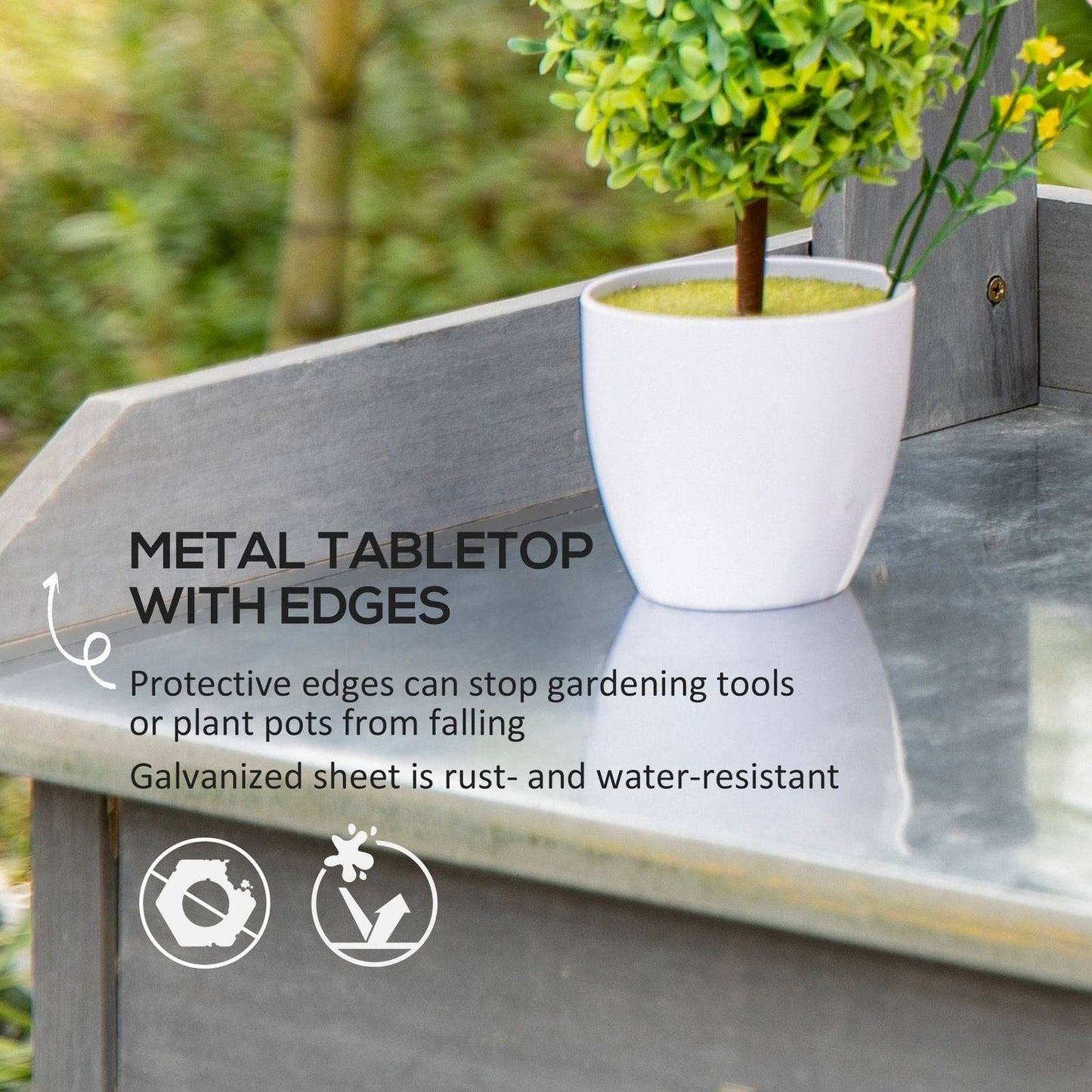 Garden Potting Table Wooden Workstation w/ Metal Tabletop
