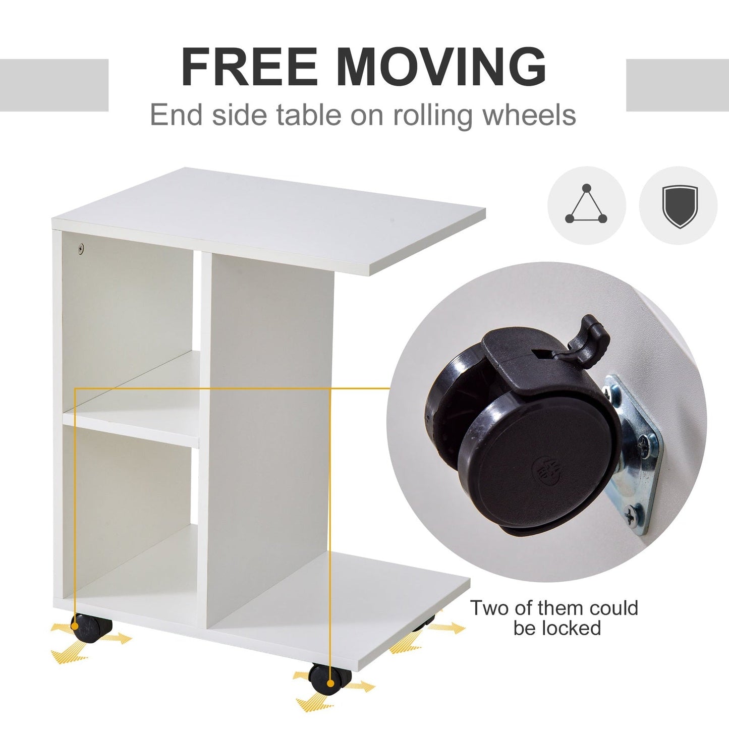 C Shape End Table Unique Storage Unit W 2 Shelves 4 Wheels Freestanding Home Office Furniture Cabinet Square Studio White