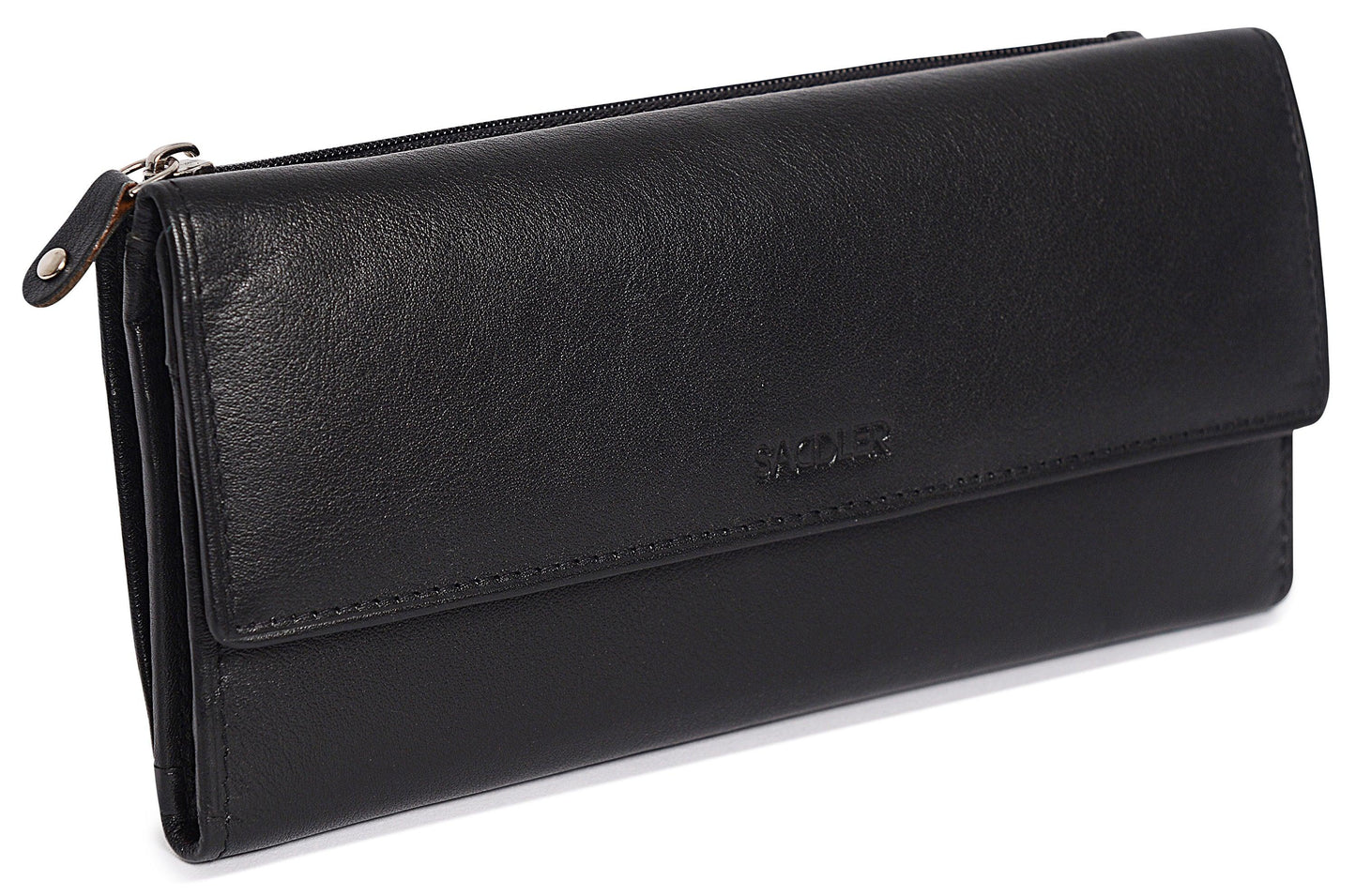 SADDLER CLAIRE Long Leather Trifold Purse - 18 Card Slots, Dual Zip Pockets, and Note Sections - RFID Protected