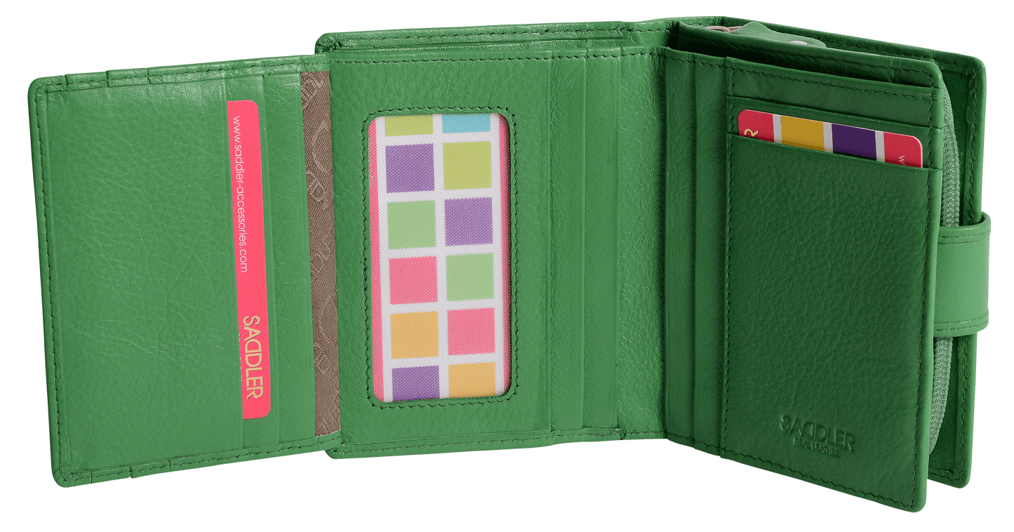 SADDLER EMILY Handmade Leather Mid-Size Wallet – RFID Protected | 10 Card Slots, Secure Tab Closure & Zipped Coin Pocket | Gift Boxed