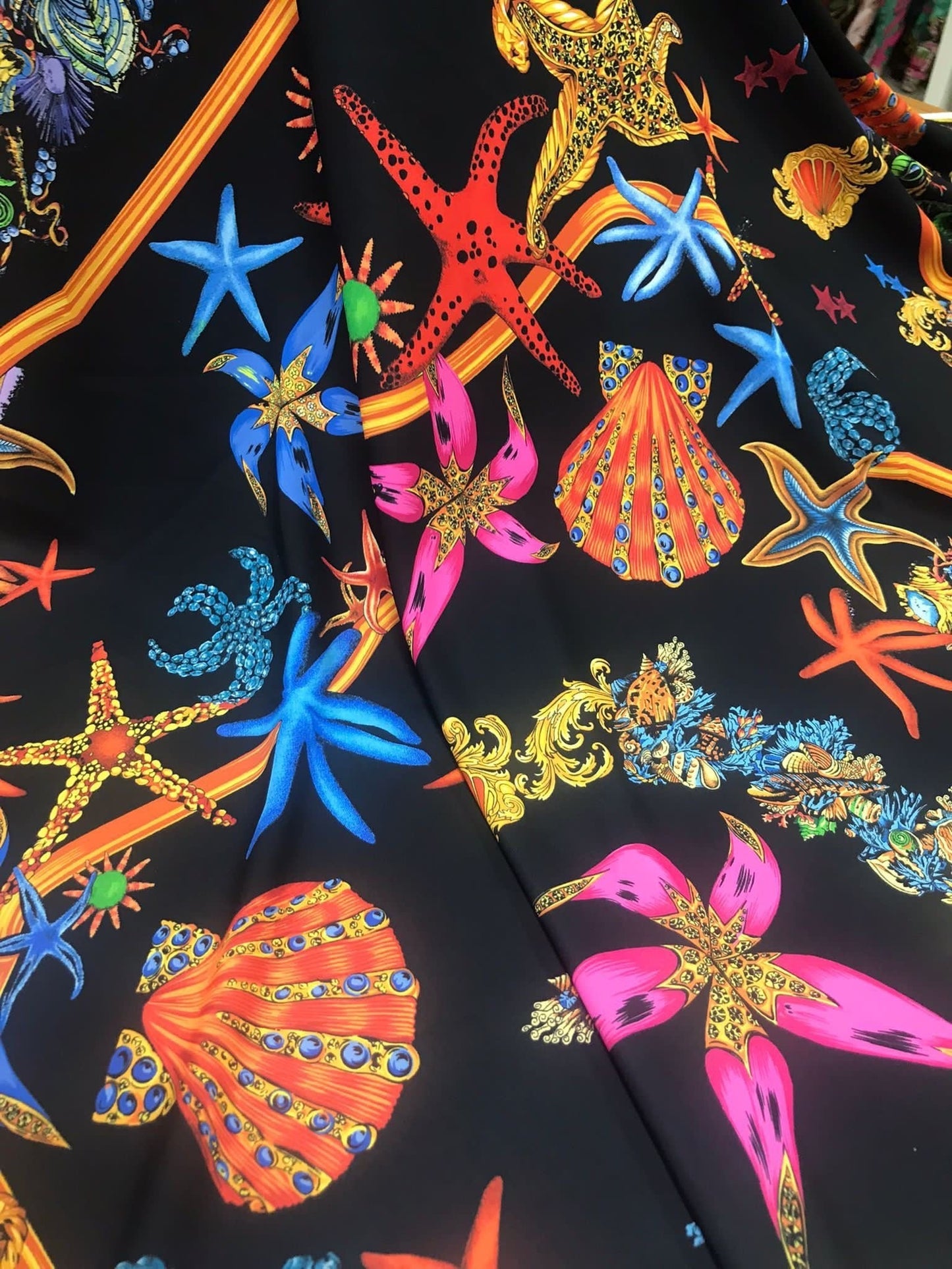 Black Pink Starfish Sea Shell Pattern Fabric