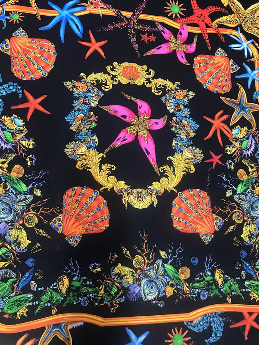 Black  Pink Starfish Sea Shell Pattern Fabric – Custom Printed Fabric, Choose Material by Metre