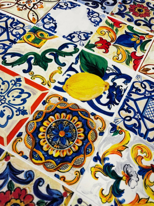 Sicilian Tile & Lemon Print Crepe Fabric by the Metre – Mediterranean Style