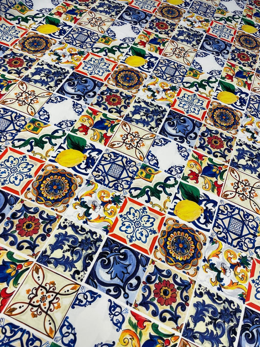 Sicilian Tile & Lemon Print Crepe Fabric by the Metre – Mediterranean Style