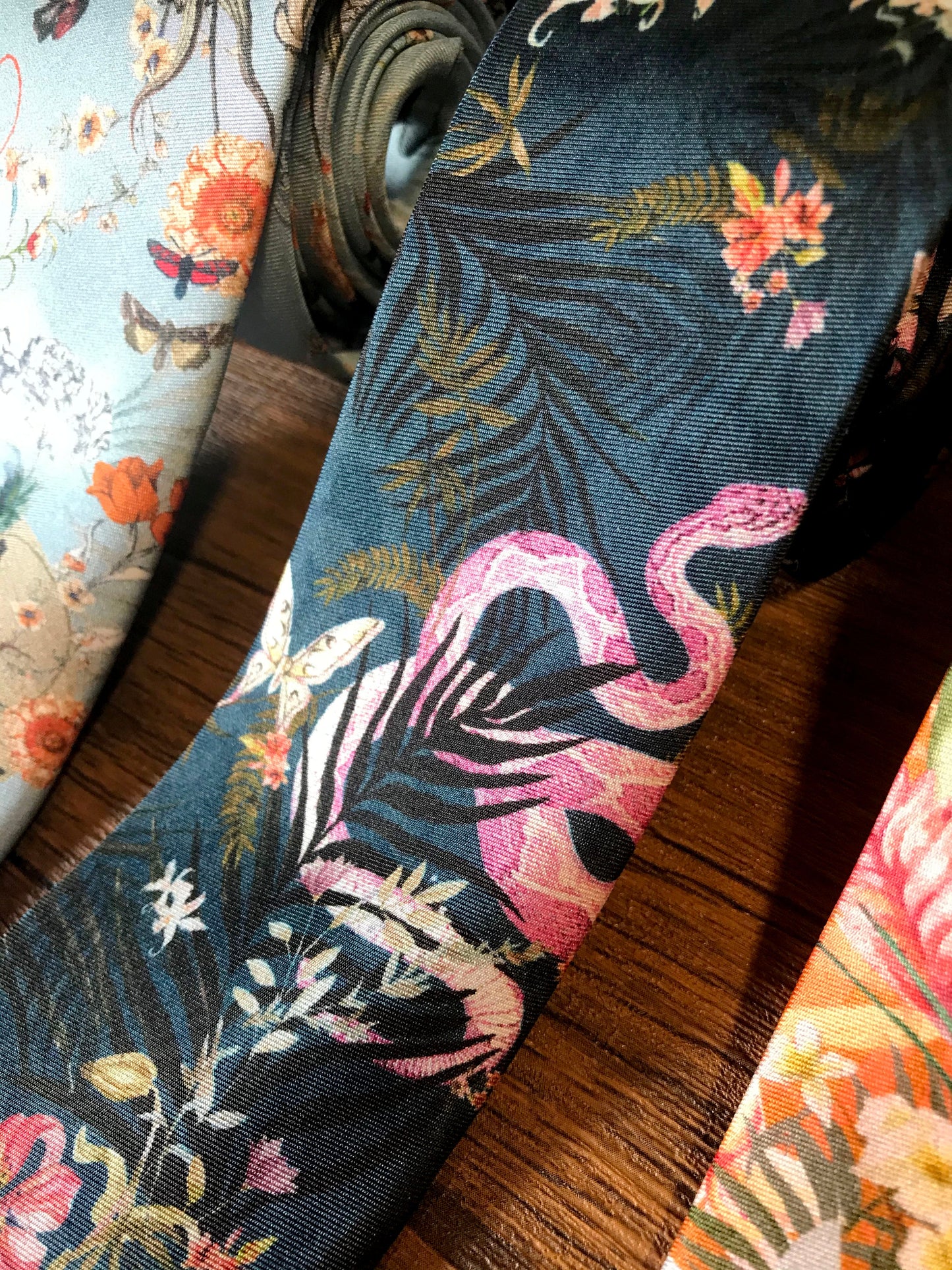 Navy Blue Silk Tie, 'Enticement' Pink Serpent design and tropical flowers