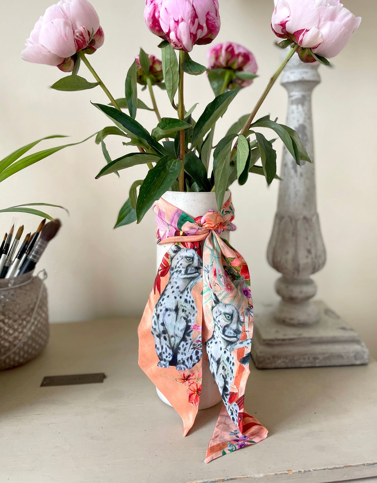 Peach botanical 'Panthera' skinny Silk scarf, delicate, lightweight Twilly style scarf accessory with animal print texture