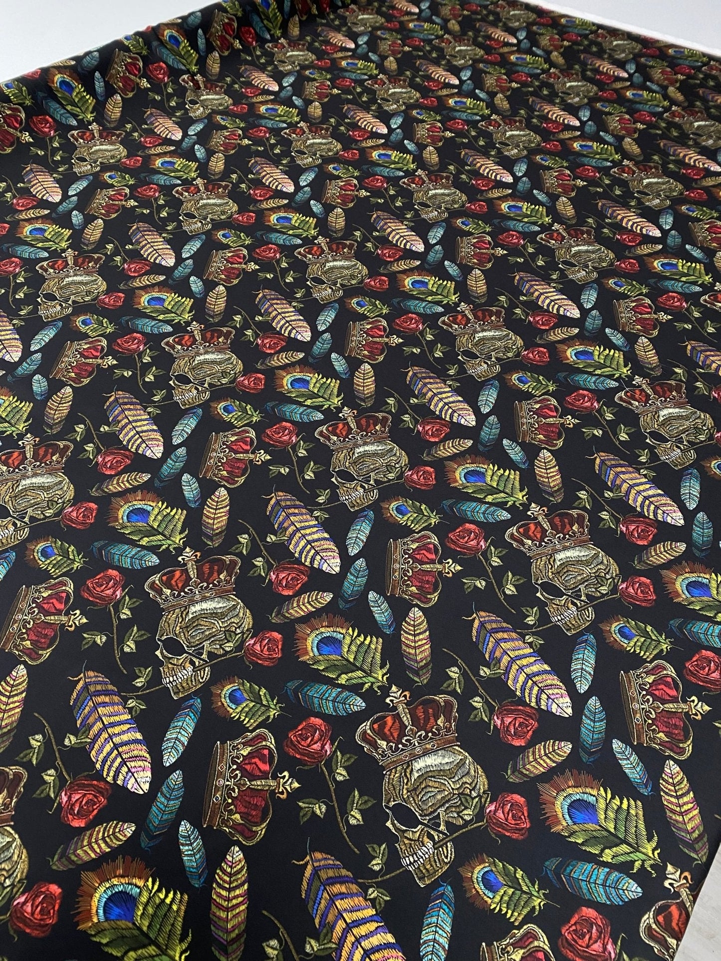 Skull & Feather Print Crepe Fabric by the Metre – Edgy Style