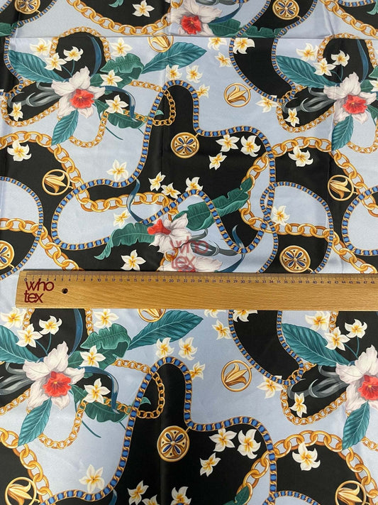 Sky Blue Fabric with Floral and Chain Print – Available in Satin, Crepe, Spandex & Chiffon | By Metre