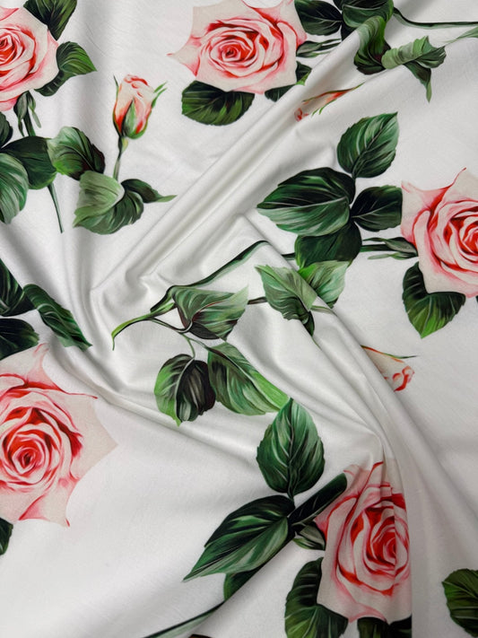 Soft Pink Rose Floral on White Organic Cotton Poplin Fabric by the Metre