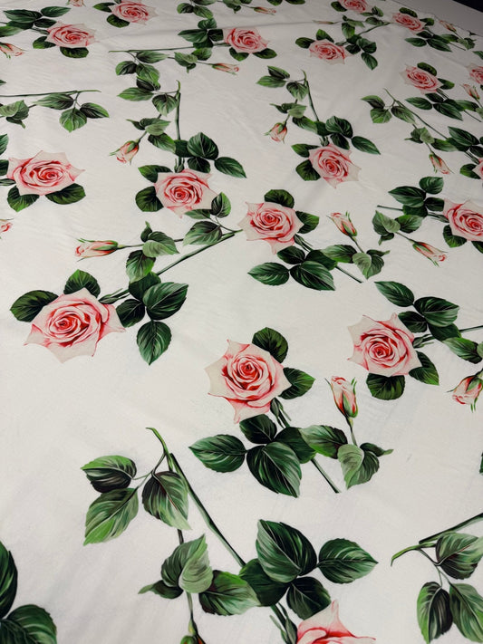 Soft Pink Rose Floral on White Organic Cotton Poplin Fabric by the Metre