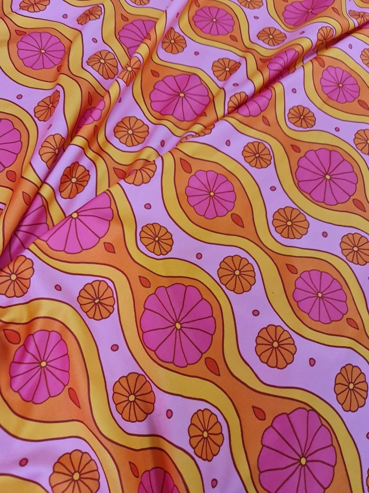 Pink Geometric Pattern Floral Fabric – Fabric by Metre, Options: Satin, Crepe, Spandex, Chiffon