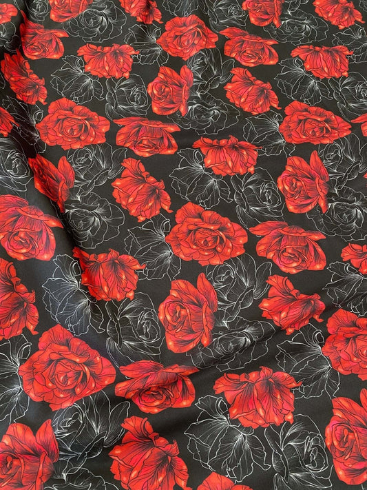 Elegant Red Rose Patterned Fabric – Custom Printed Fabric, Choose Material by Metre