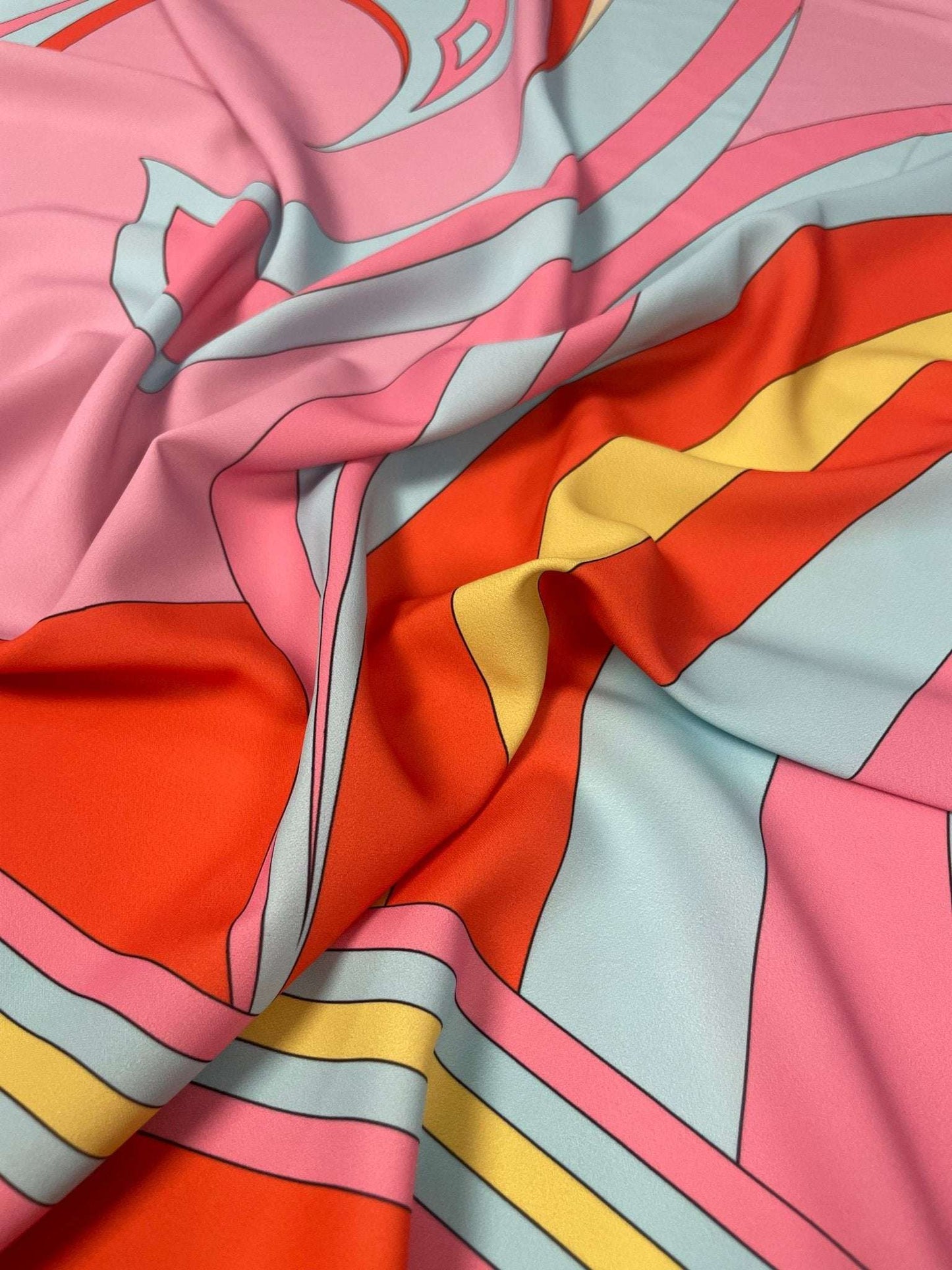 Retro Psychedelic Swirl and Sun Print Fabric – Available in Satin, Crepe, Spandex & Chiffon | By Metre