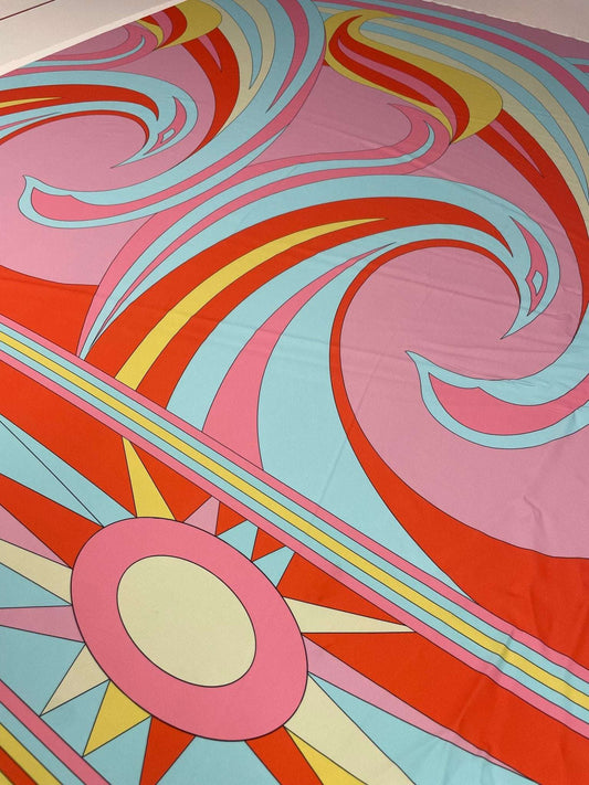 Retro Psychedelic Swirl and Sun Print Fabric – Available in Satin, Crepe, Spandex & Chiffon | By Metre