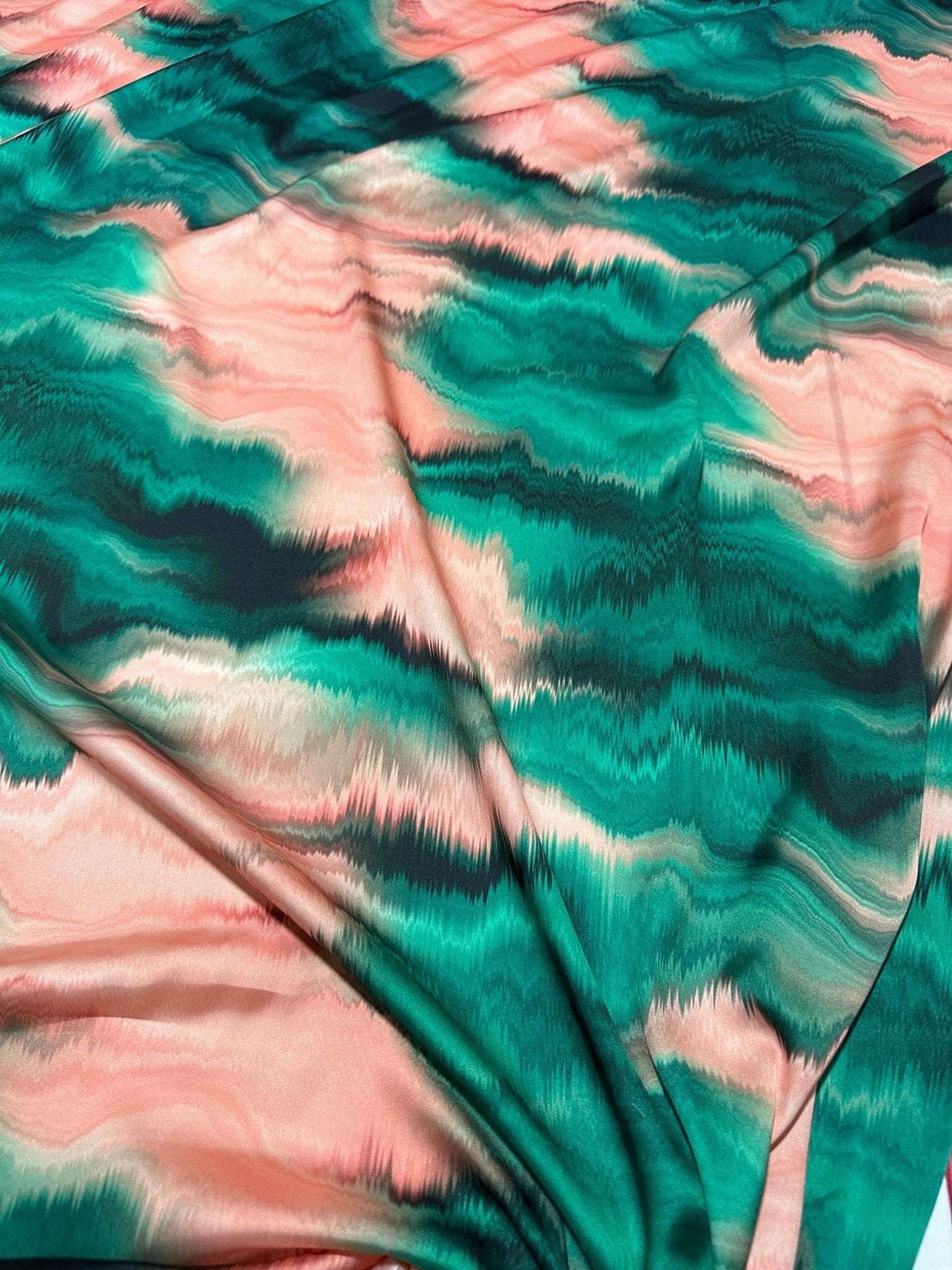 Green and Pink PatternTie Dye Fabric – Available in Satin, Crepe, Spandex & Chiffon | By Metre