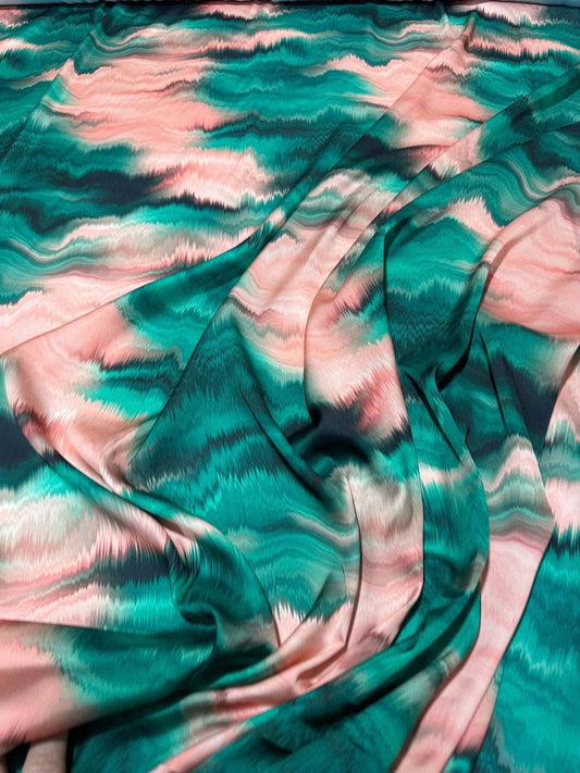 Green and Pink PatternTie Dye Fabric – Available in Satin, Crepe, Spandex & Chiffon | By Metre