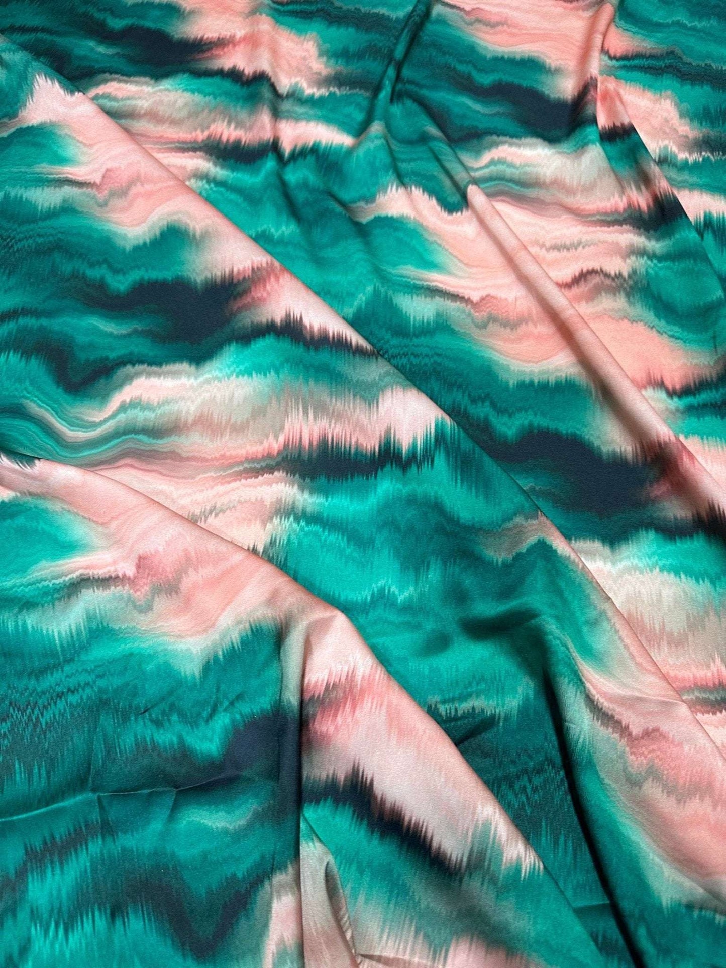 Green and Pink PatternTie Dye Fabric – Available in Satin, Crepe, Spandex & Chiffon | By Metre