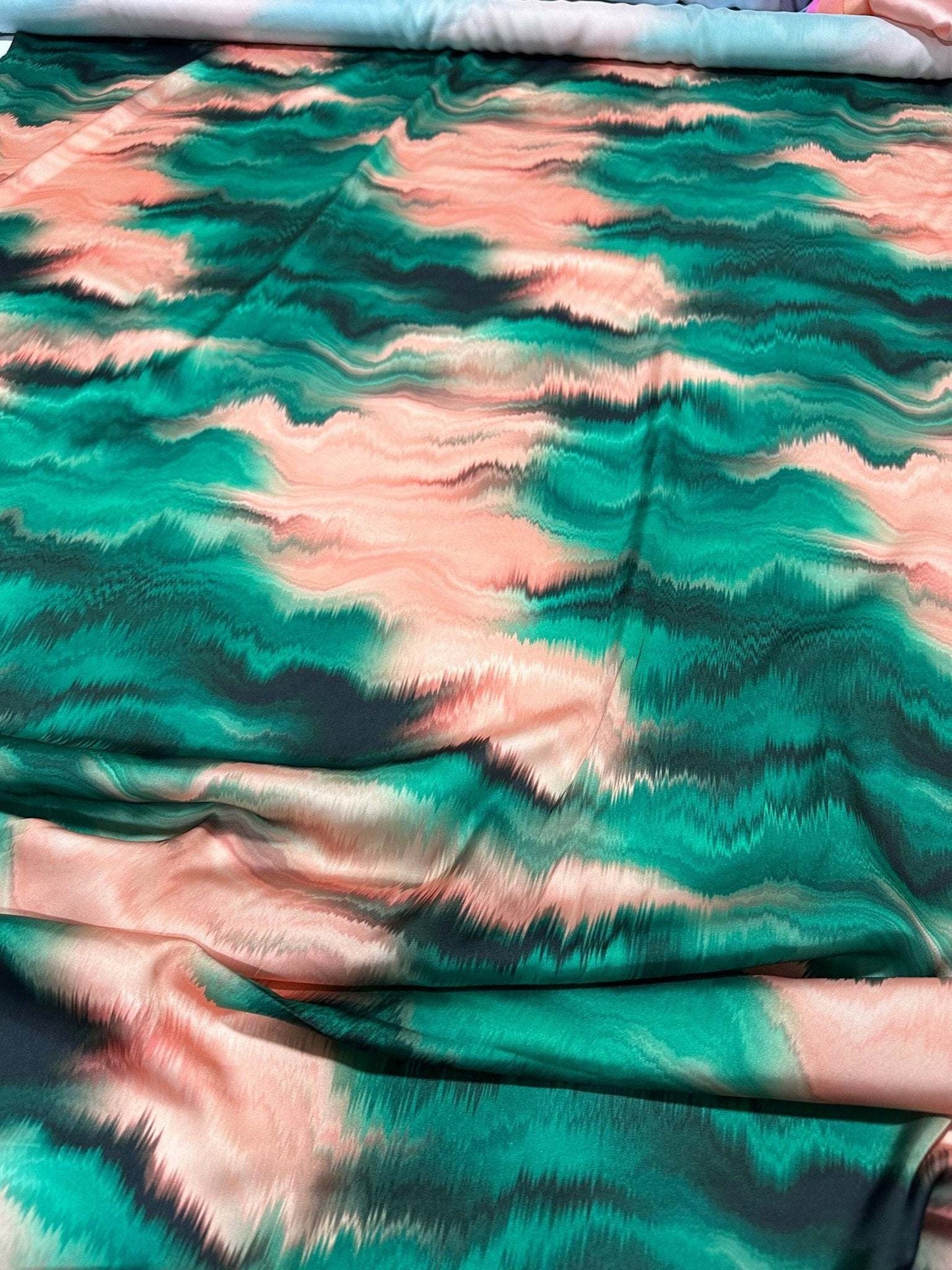 Green and Pink PatternTie Dye Fabric – Available in Satin, Crepe, Spandex & Chiffon | By Metre