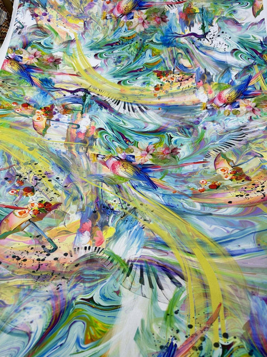 Colorful Bird and Piano Print Fabric – Custom Printed Fabric on Satin, Crepe, Spandex or Chiffon