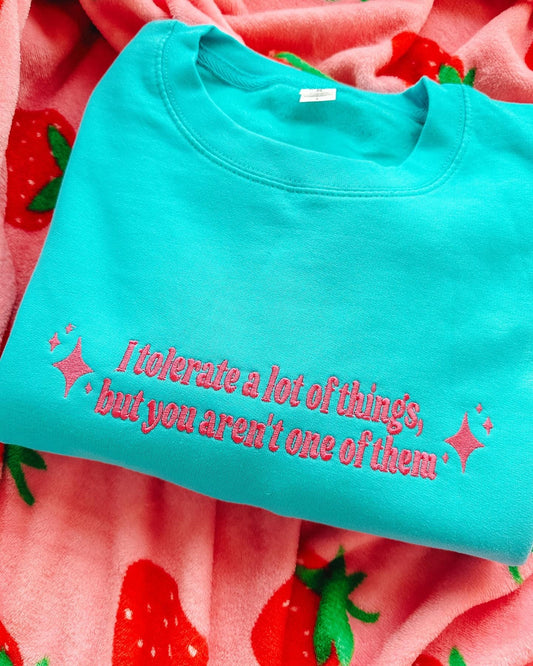 I Tolerate A Lot Of Things, But You Aren't One Of Them embroidered sweatshirt
