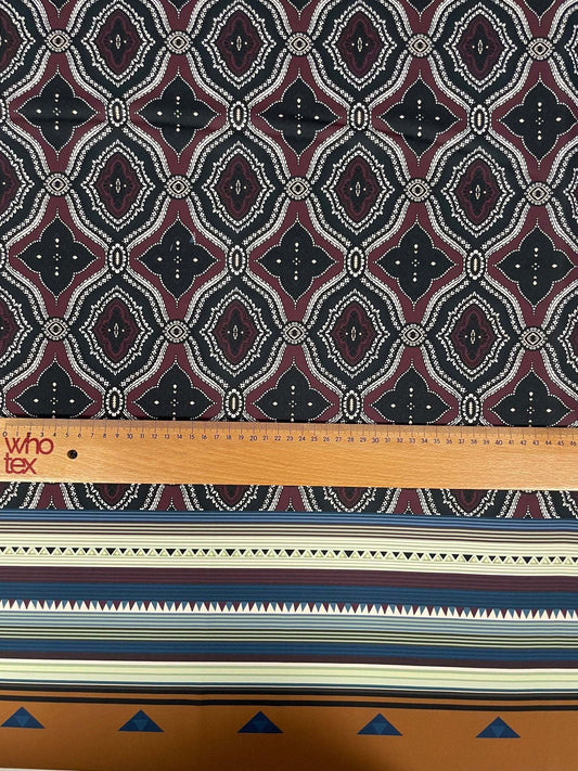 Burgundy and Black Geometric Pattern with Ethnic Striped Edge Design Fabric – Available in Satin, Crepe, Spandex & Chiffon | By Metre