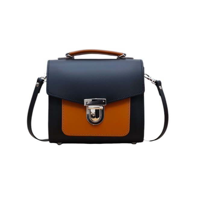 Handmade Leather Two Tone Sugarcube Handbag Black - Burnt Orange