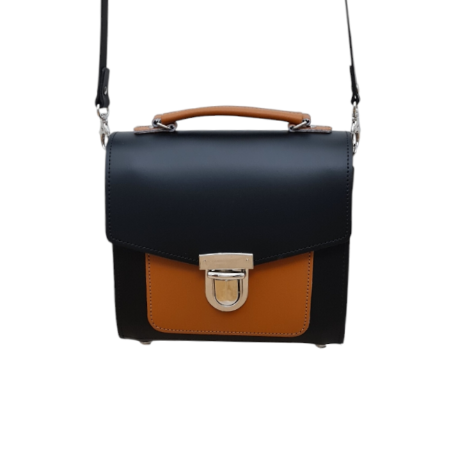 Handmade Leather Two Tone Sugarcube Handbag Black - Burnt Orange